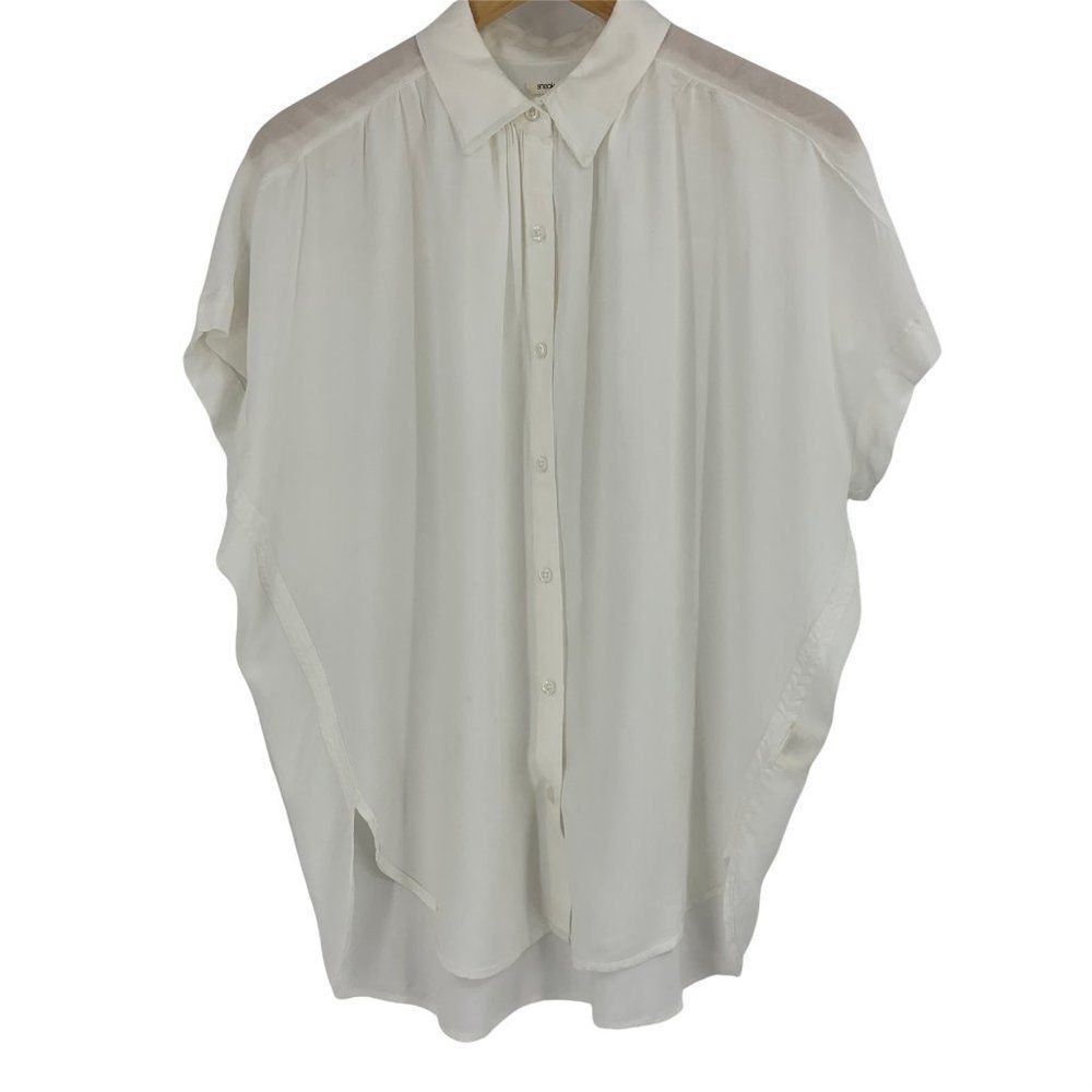 Sneak Peak Size Large Blouse Short Sleeve Plunge Neck Shirttail 0281 Ivory White